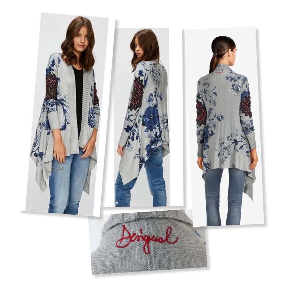 DESIGUAL Floral Sequin Mandala Drape Cardigan Sweater